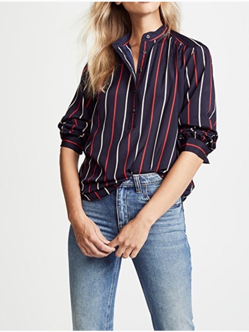 Club Monaco Navy Striped Maira Collarless Shirt pleated chest blue red cream XS